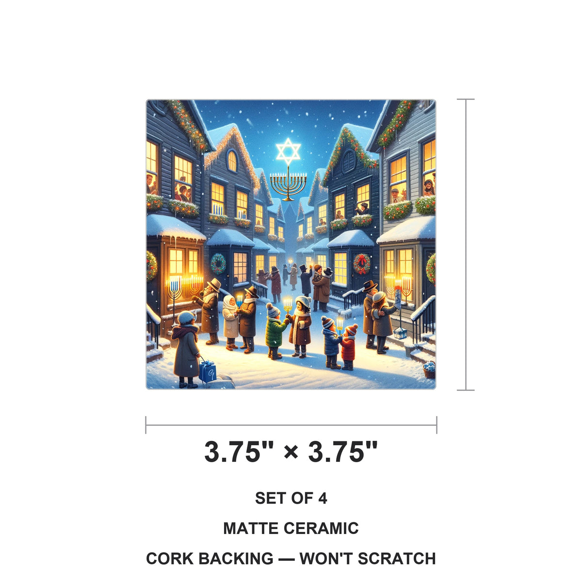 Snowy Hanukkah Village ceramic coasters set of 4, size 3.75 inches