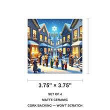 Snowy Hanukkah Village ceramic coasters set of 4, size 3.75 inches