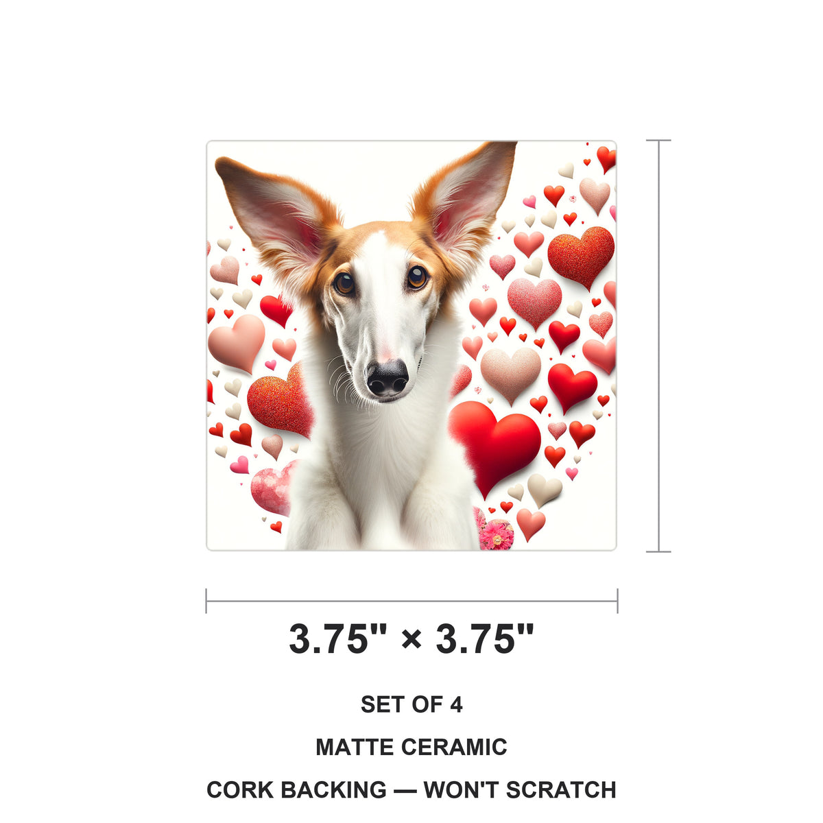 Borzoi ceramic coasters set of 4, size 3.75 inches
