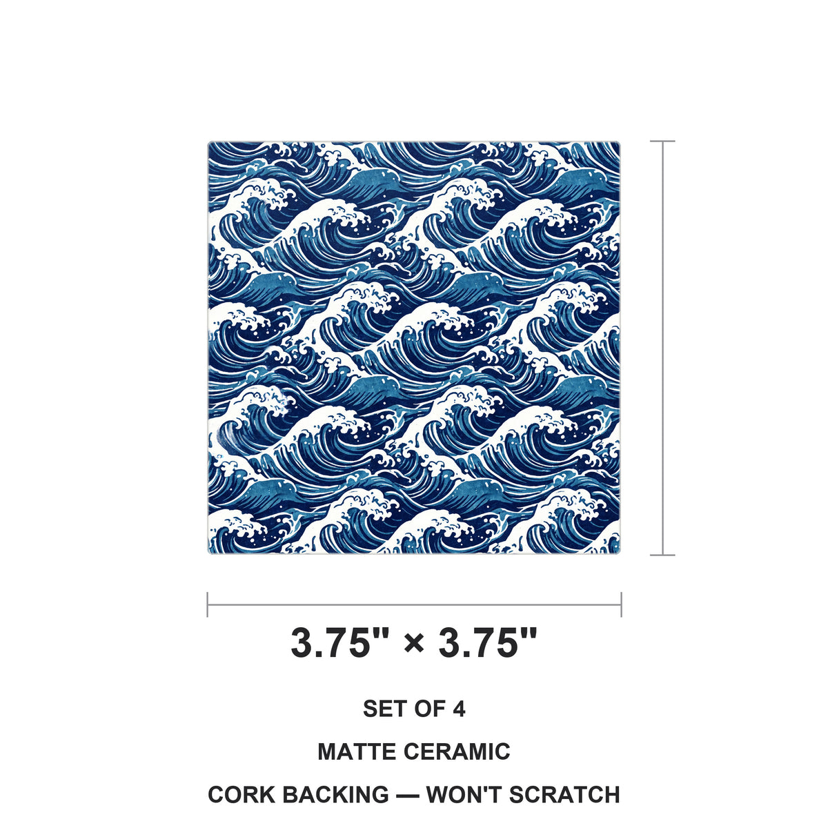 Ocean Waves ceramic coasters set of 4, size 3.75 inches