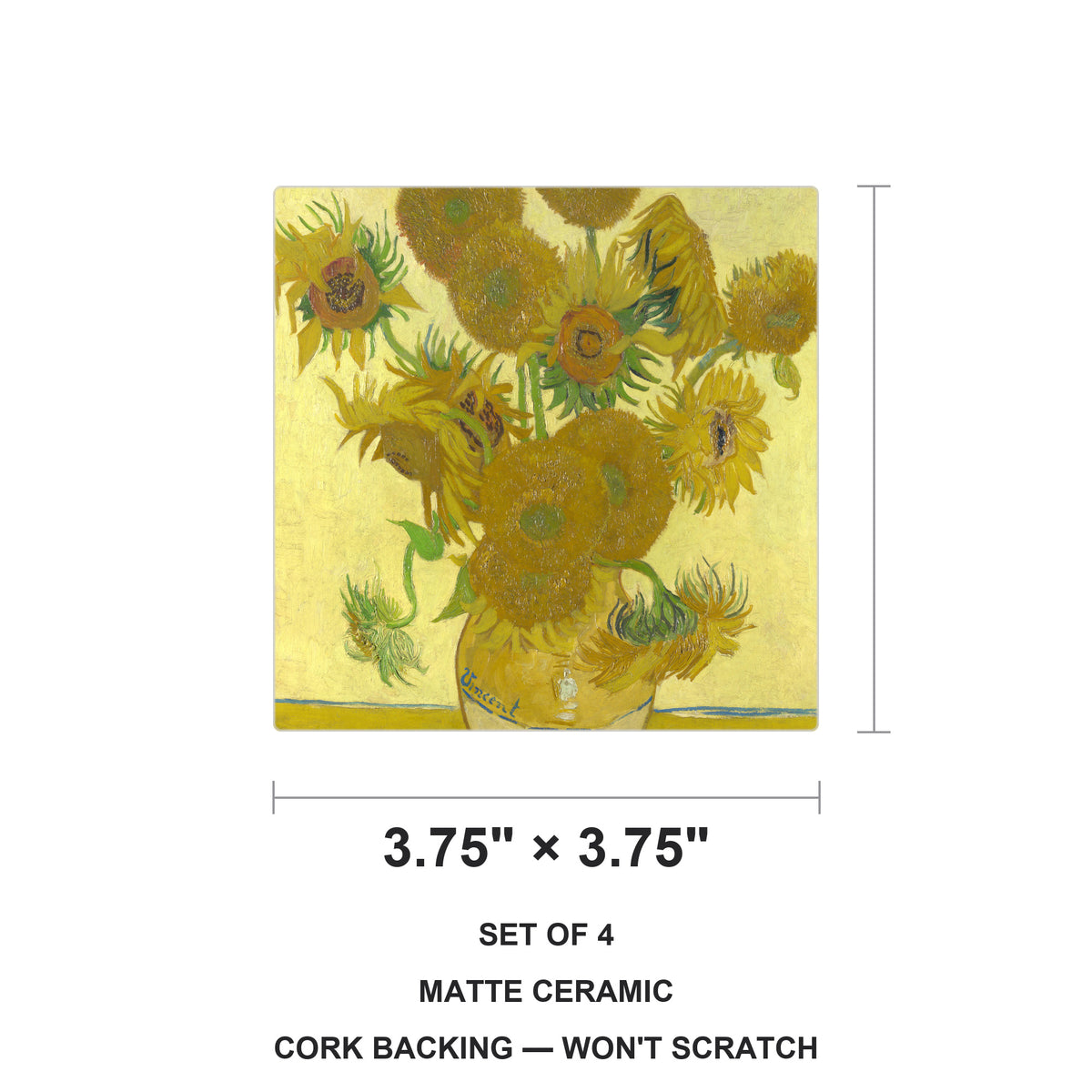 Van Gogh Sunflowers ceramic coasters set of 4, size 3.75 inches