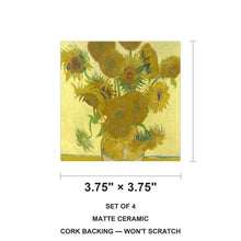 Van Gogh Sunflowers ceramic coasters set of 4, size 3.75 inches