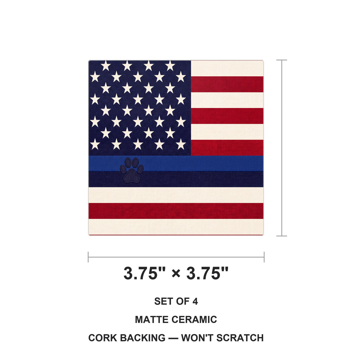Blue Line K9 Paw Flag ceramic coasters set of 4, size 3.75 inches
