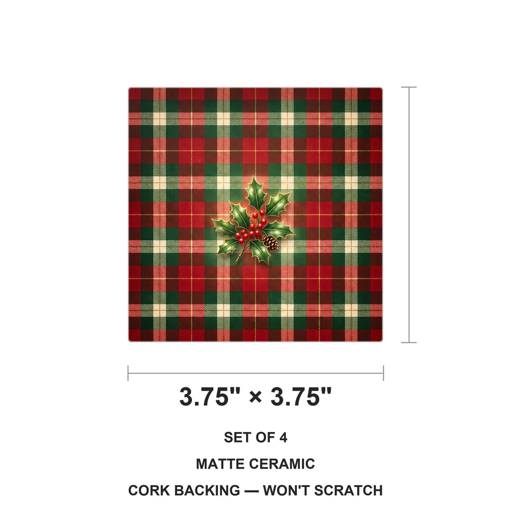 Christmas Plaid ceramic coasters set of 4, size 3.75 inches