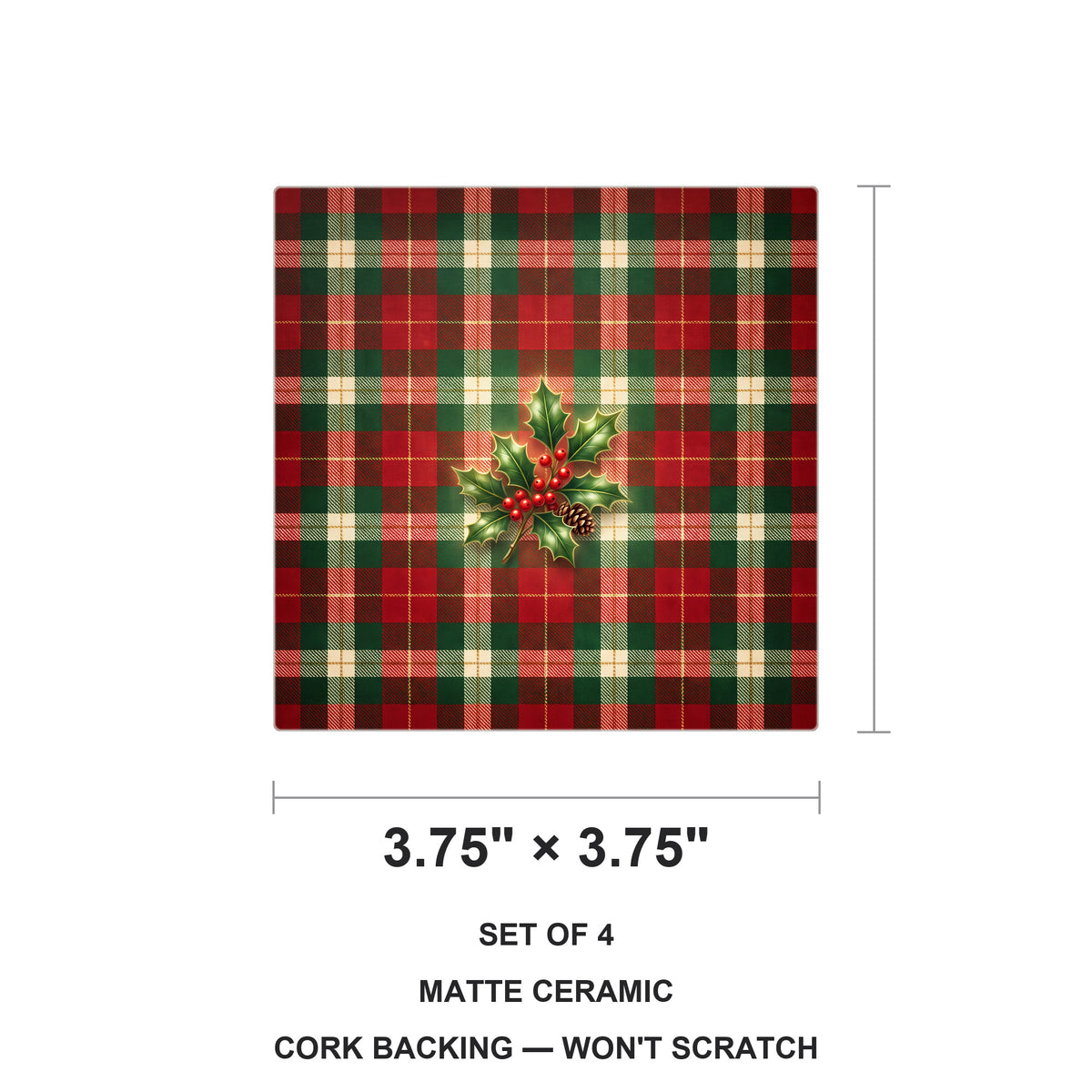 Christmas Plaid ceramic coasters set of 4, size 3.75 inches