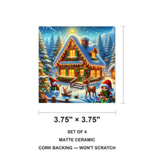 Snowy Christmas Cottage ceramic coasters set of 4, size 3.75 inches