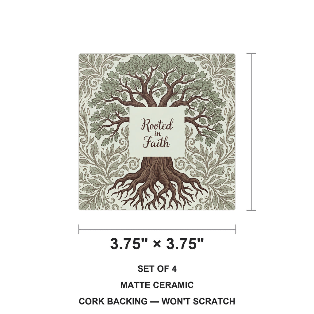 Rooted In Faith Tree ceramic coasters set of 4, size 3.75 inches