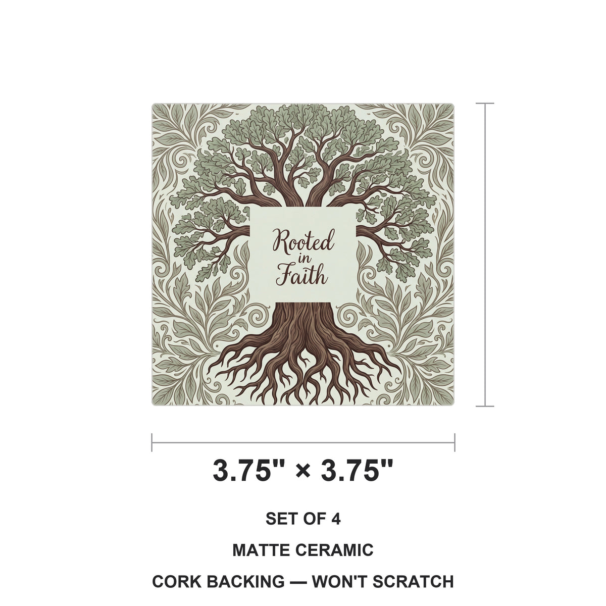 Rooted In Faith Tree ceramic coasters set of 4, size 3.75 inches
