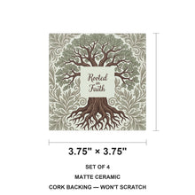 Rooted In Faith Tree ceramic coasters set of 4, size 3.75 inches