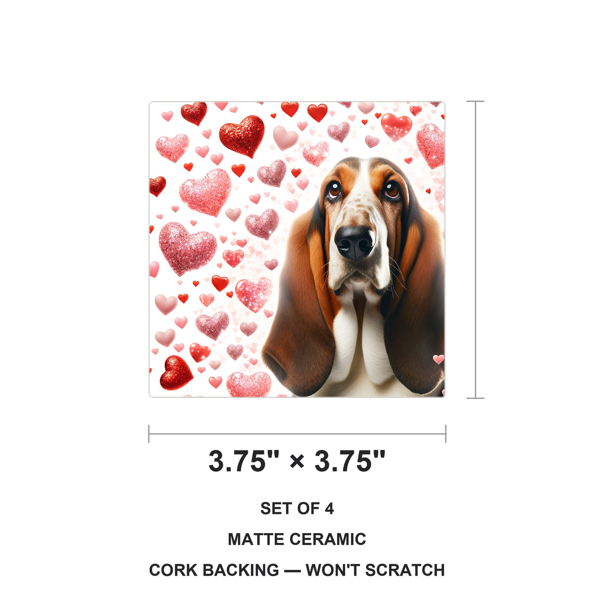 Basset Hound ceramic coasters set of 4, size 3.75 inches