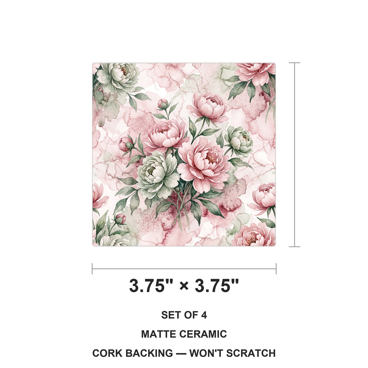 Watercolor Peony Floral ceramic coasters set of 4, size 3.75 inches