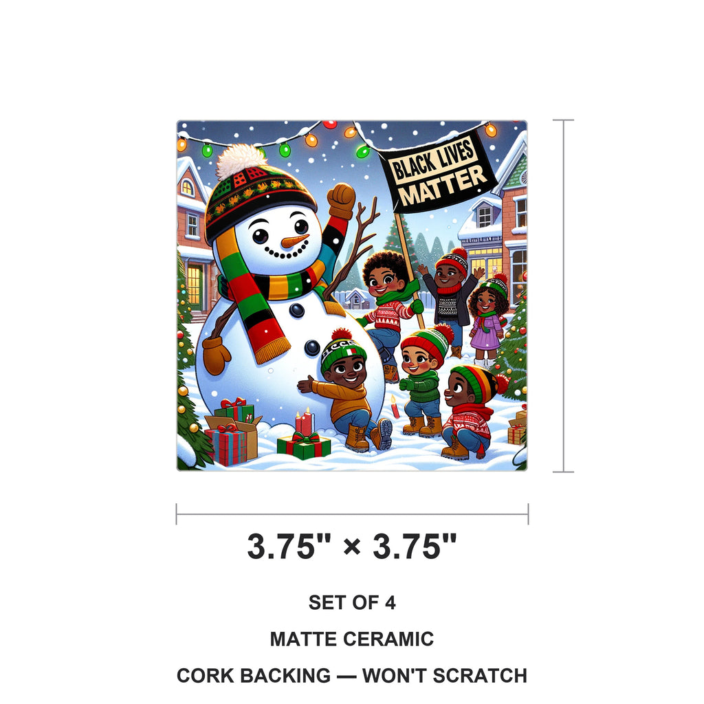 Festive Snowman Friends ceramic coasters set of 4, size 3.75 inches