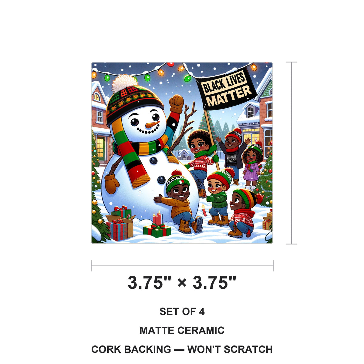 Festive Snowman Friends ceramic coasters set of 4, size 3.75 inches
