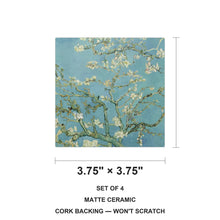 Almond Blossoms ceramic coasters set of 4, size 3.75 inches