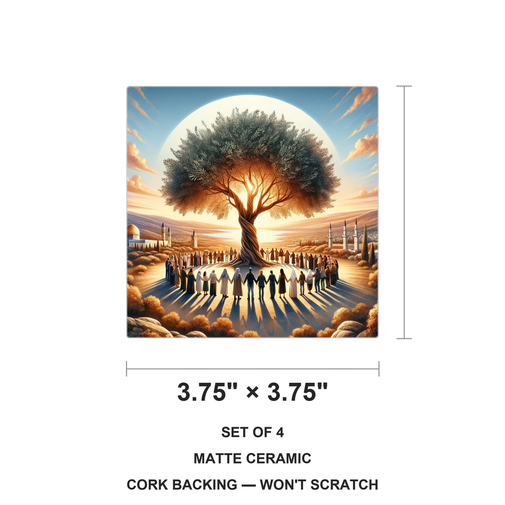 Golden Olive Tree ceramic coasters set of 4, size 3.75 inches