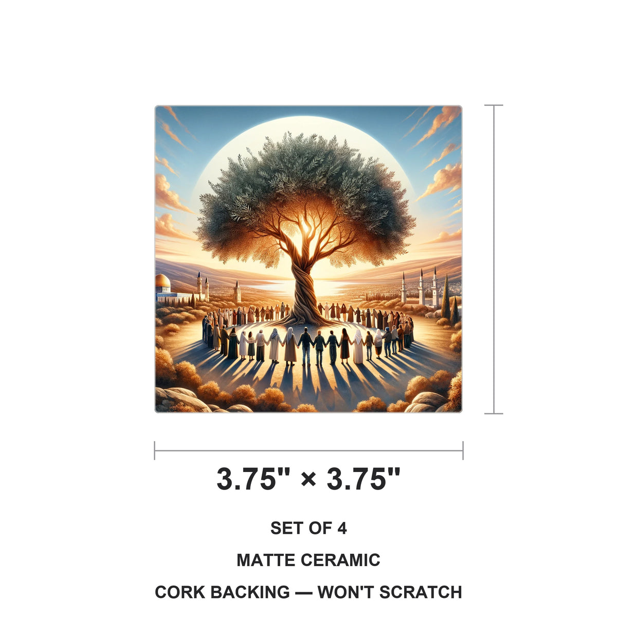 Golden Olive Tree ceramic coasters set of 4, size 3.75 inches