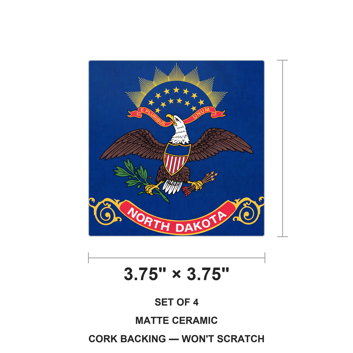 North Dakota State Flag ceramic coasters set of 4, size 3.75 inches