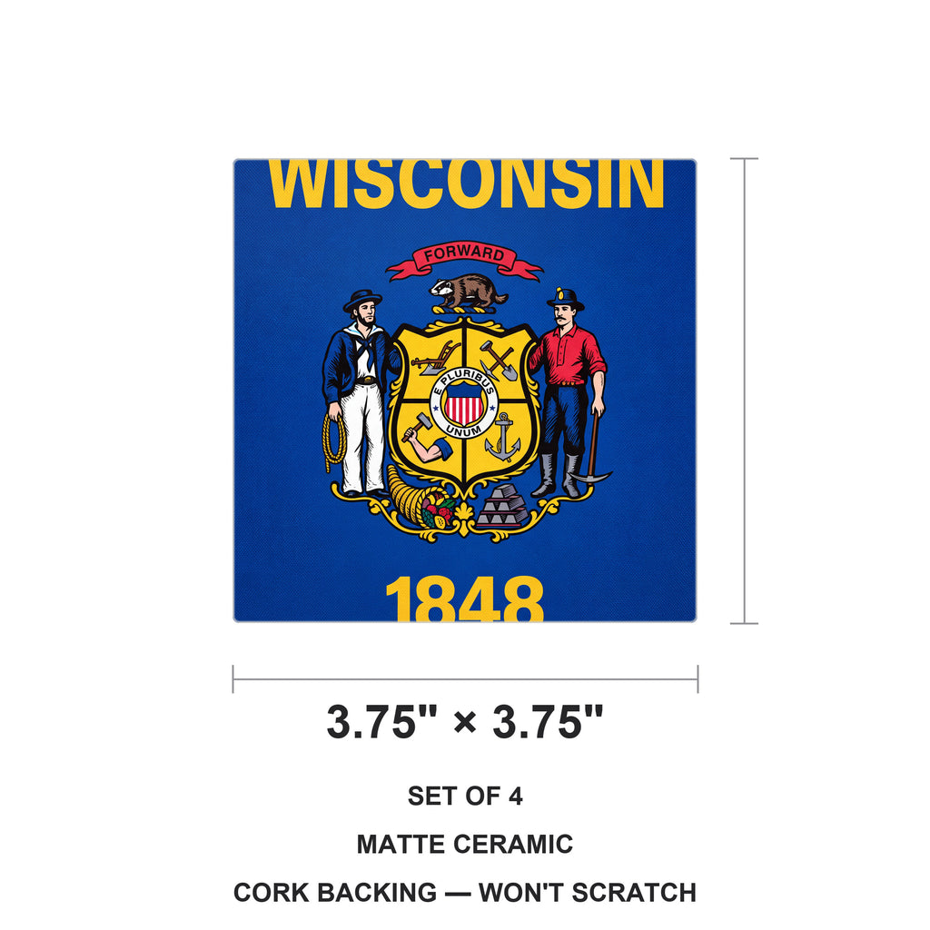 Wisconsin State Flag ceramic coasters set of 4, size 3.75 inches