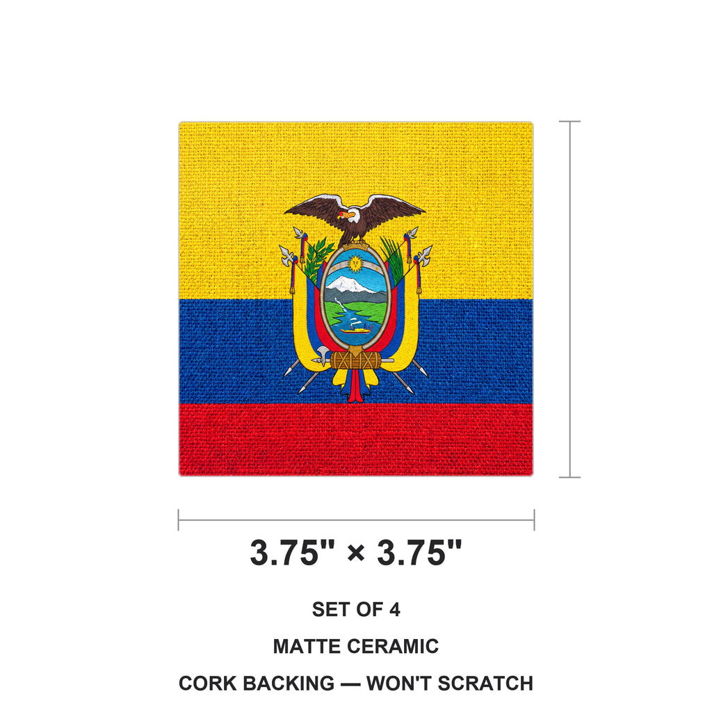 Ecuador Flag Pride ceramic coasters set of 4, size 3.75 inches