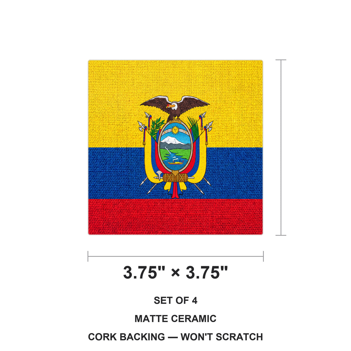 Ecuador Flag Pride ceramic coasters set of 4, size 3.75 inches