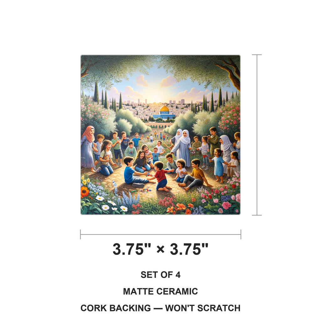 Jerusalem Peace Garden ceramic coasters set of 4, size 3.75 inches