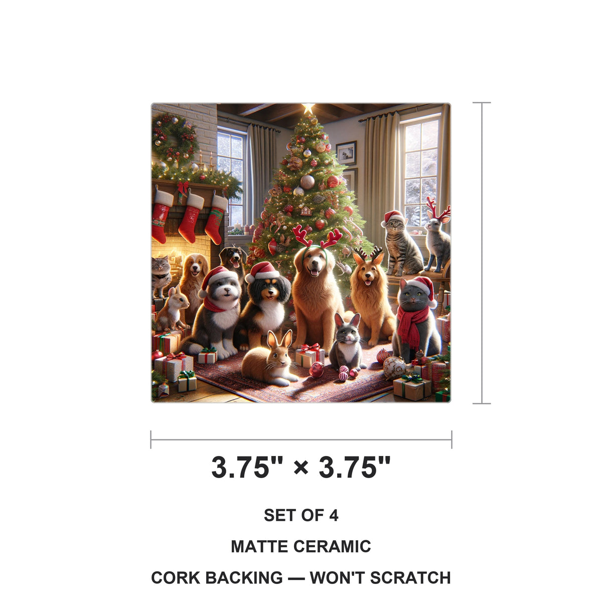 Cozy Holiday Pets ceramic coasters set of 4, size 3.75 inches