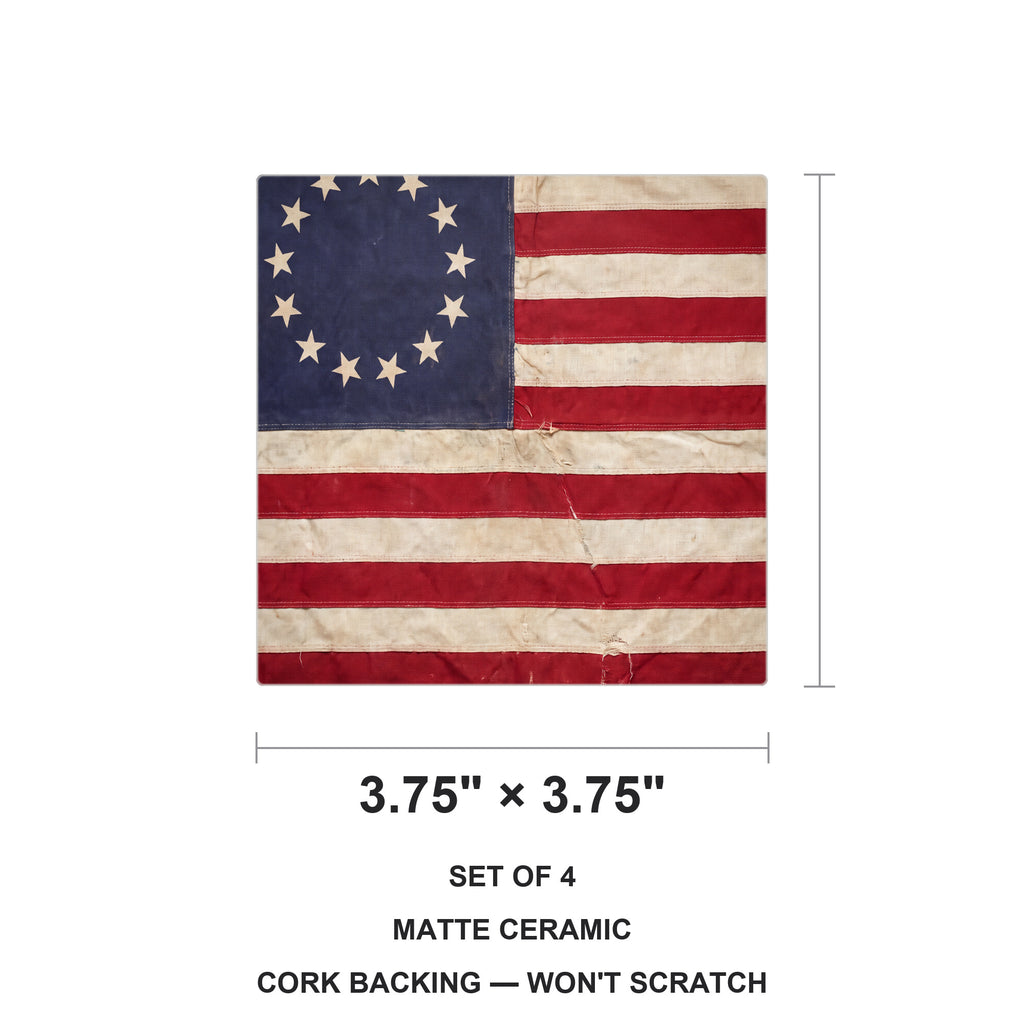 Betsy Ross 13-Star Flag ceramic coasters set of 4, size 3.75 inches