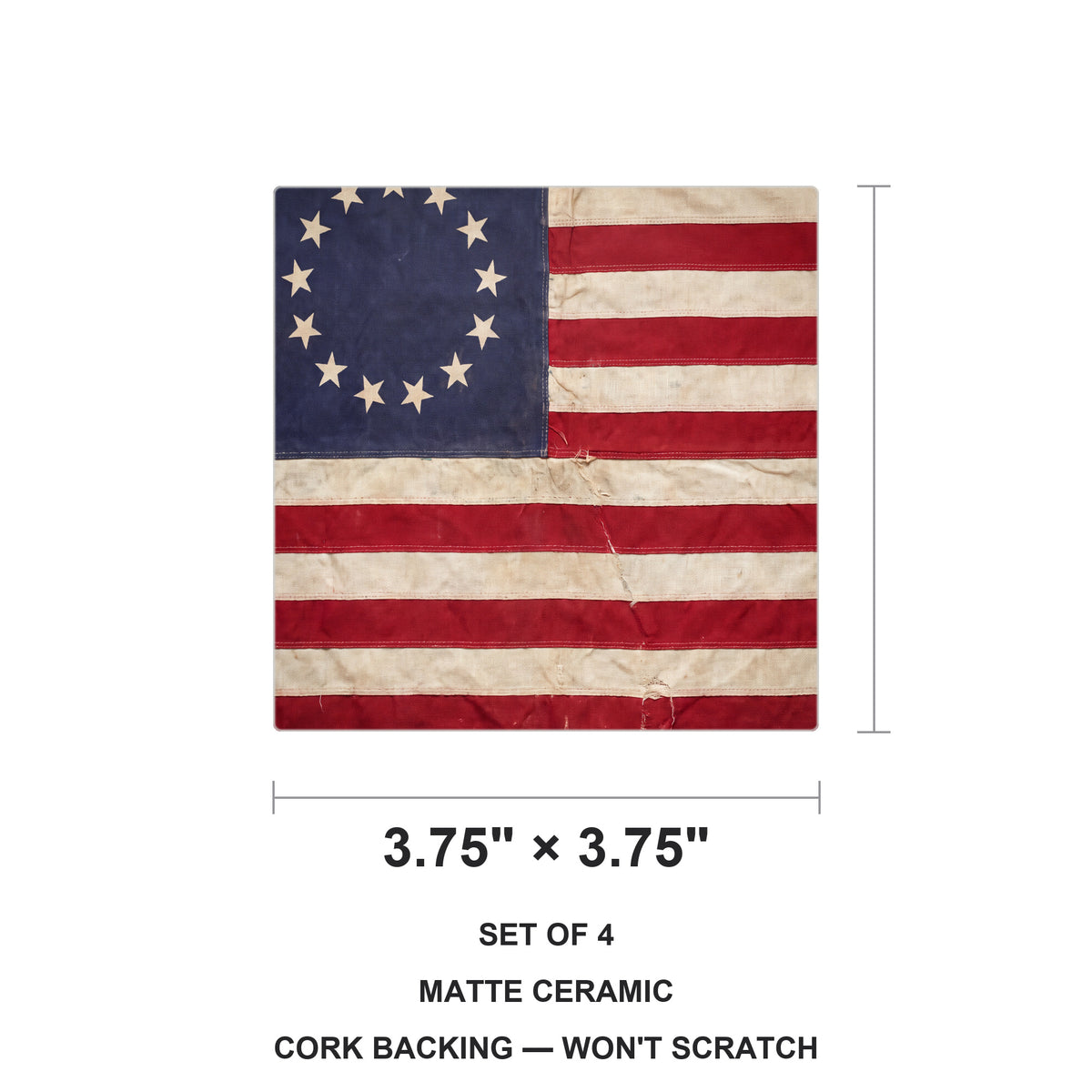 Betsy Ross 13-Star Flag ceramic coasters set of 4, size 3.75 inches
