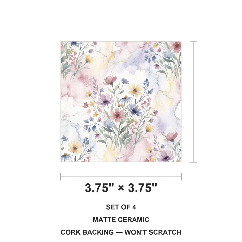 Wildflower Meadow ceramic coasters set of 4, size 3.75 inches