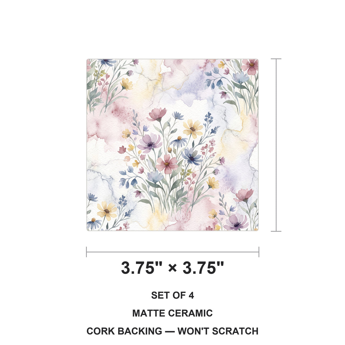 Wildflower Meadow ceramic coasters set of 4, size 3.75 inches