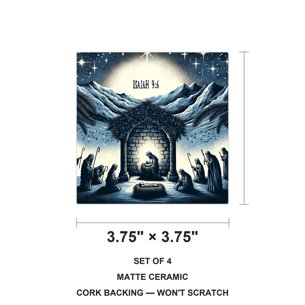 Midnight Blue Nativity ceramic coasters set of 4, size 3.75 inches