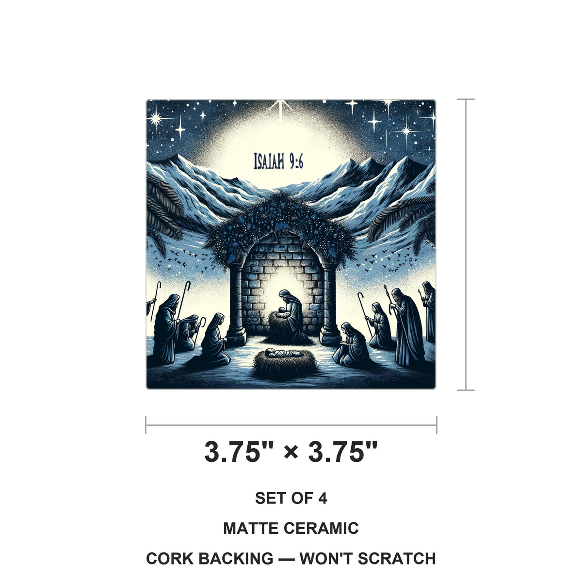 Midnight Blue Nativity ceramic coasters set of 4, size 3.75 inches