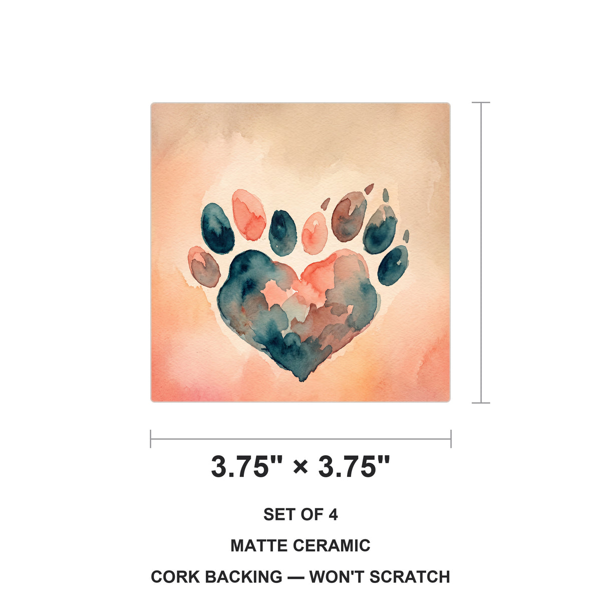 Watercolor Paw Heart ceramic coasters set of 4, size 3.75 inches