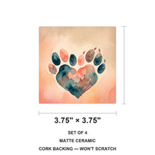 Watercolor Paw Heart ceramic coasters set of 4, size 3.75 inches