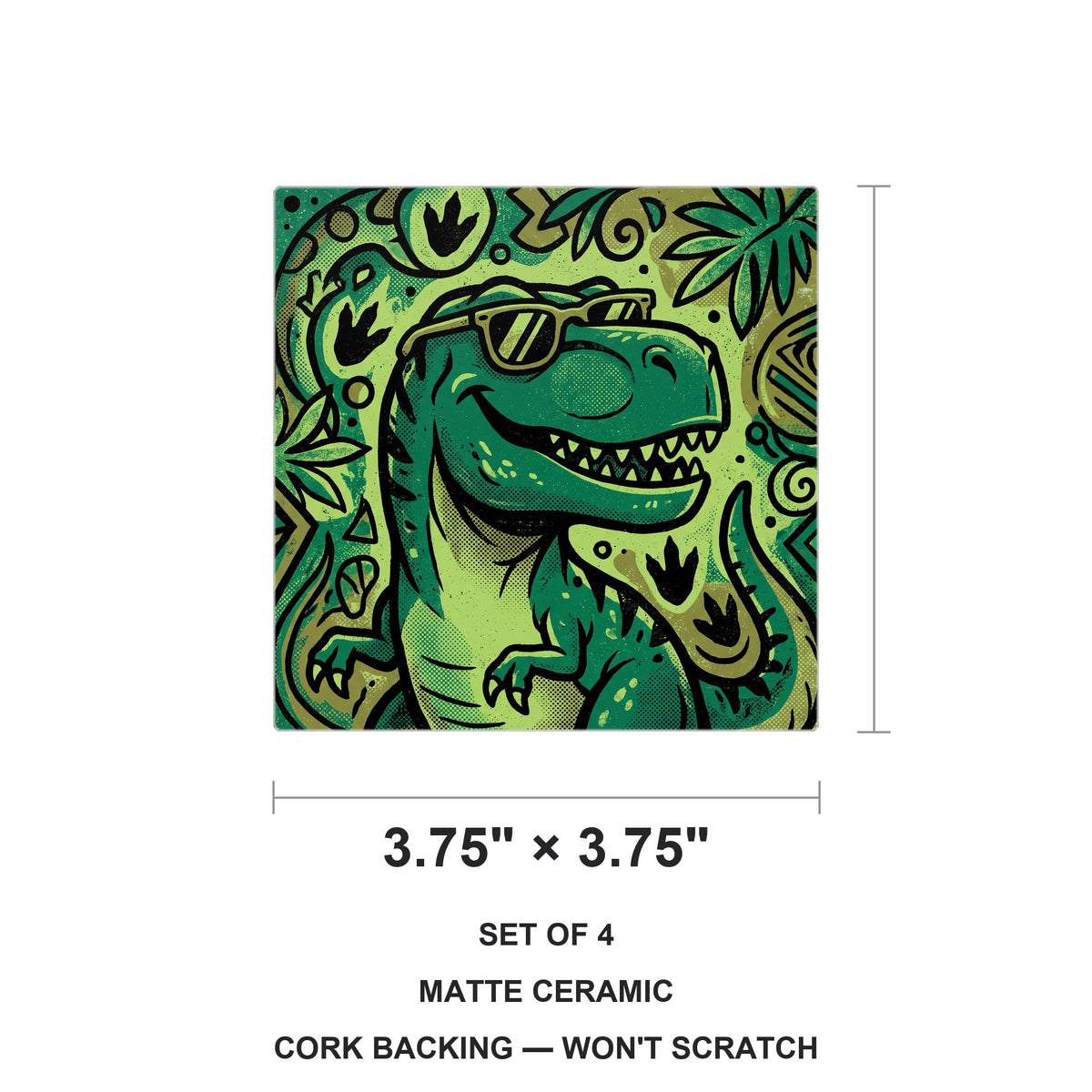 Dino T-Rex ceramic coasters set of 4, size 3.75 inches