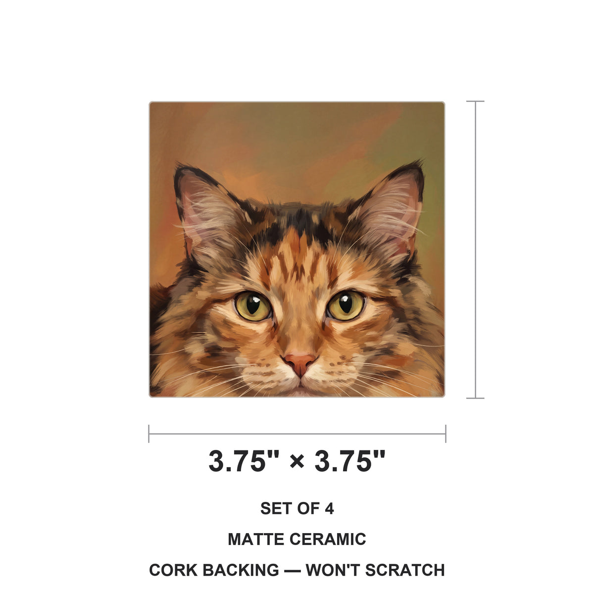 Calico Cat Portrait ceramic coasters set of 4, size 3.75 inches