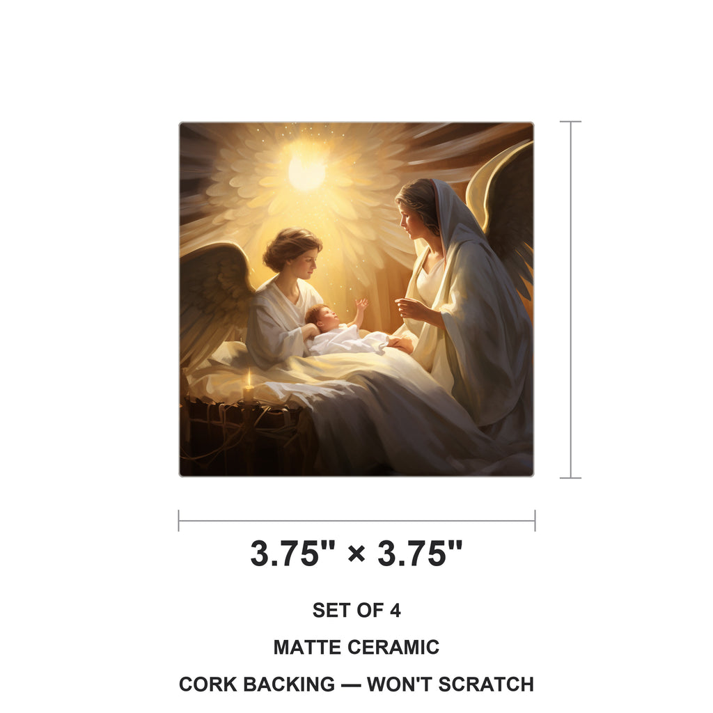 Golden Nativity Angels ceramic coasters set of 4, size 3.75 inches