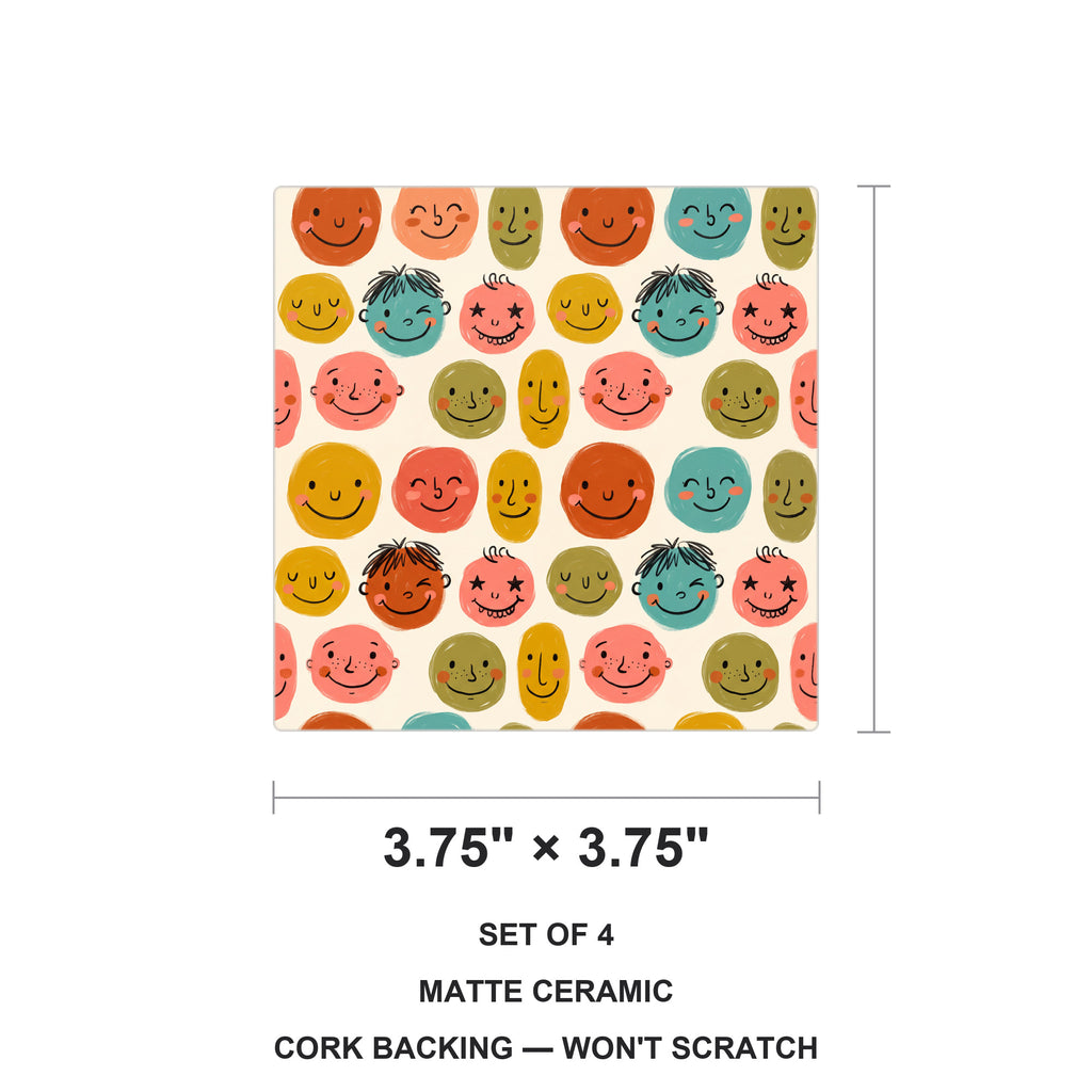 Smiley Face ceramic coasters set of 4, size 3.75 inches