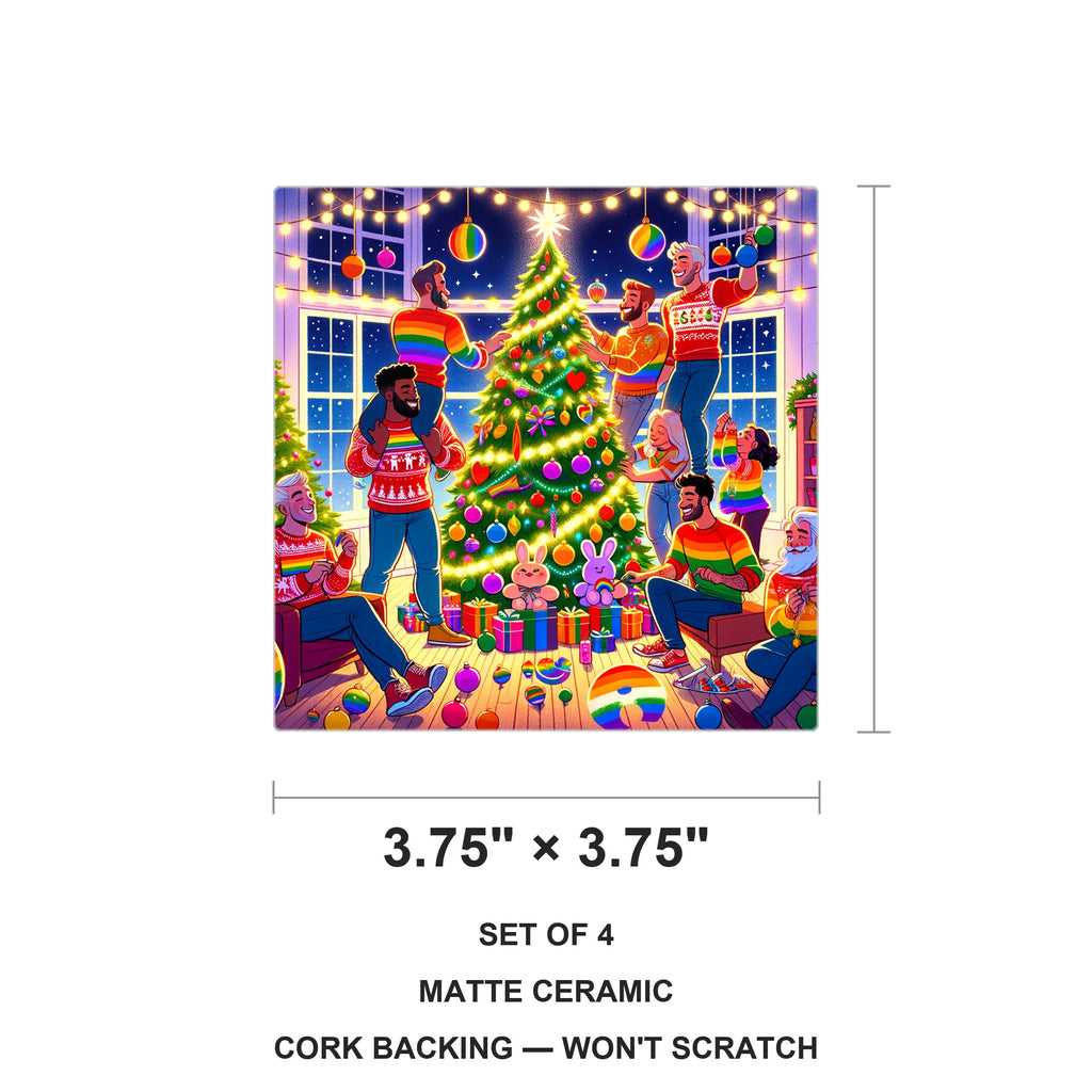 Rainbow Christmas Celebration ceramic coasters set of 4, size 3.75 inches