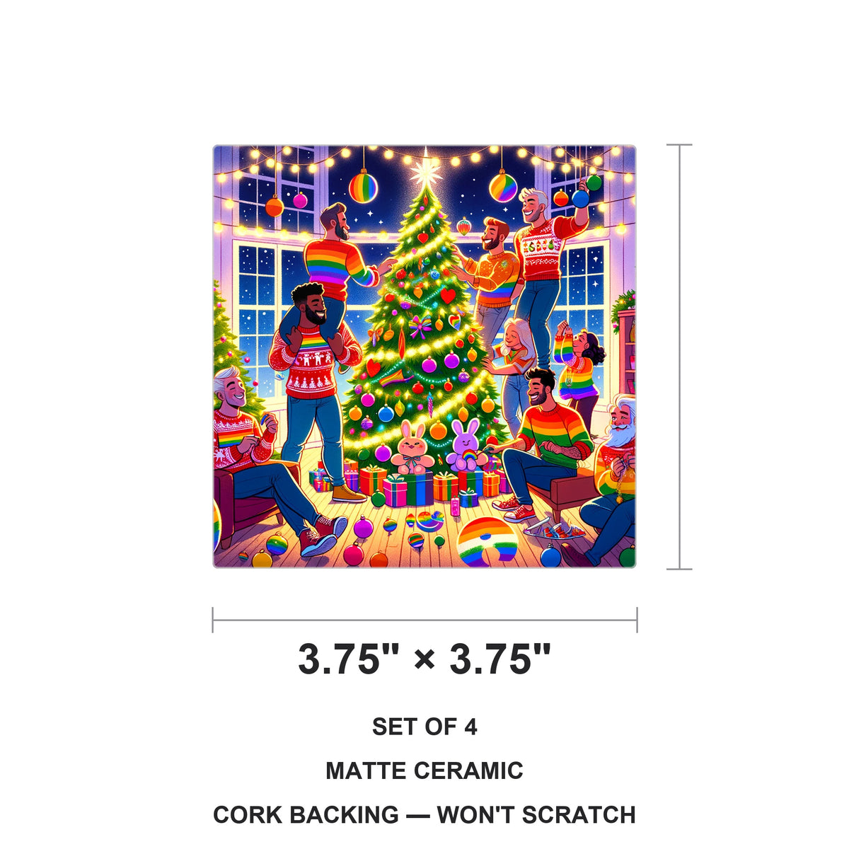 Rainbow Christmas Celebration ceramic coasters set of 4, size 3.75 inches
