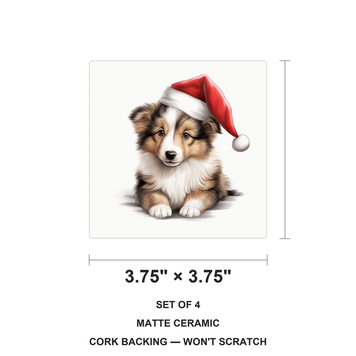 Shetland Sheepdog Puppy Drawing ceramic coasters set of 4, size 3.75 inches