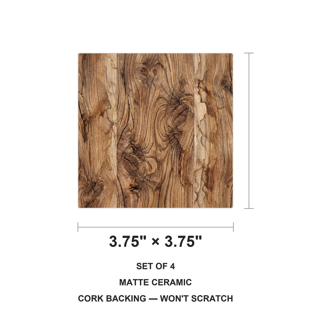 Rustic Wood Grain ceramic coasters set of 4, size 3.75 inches