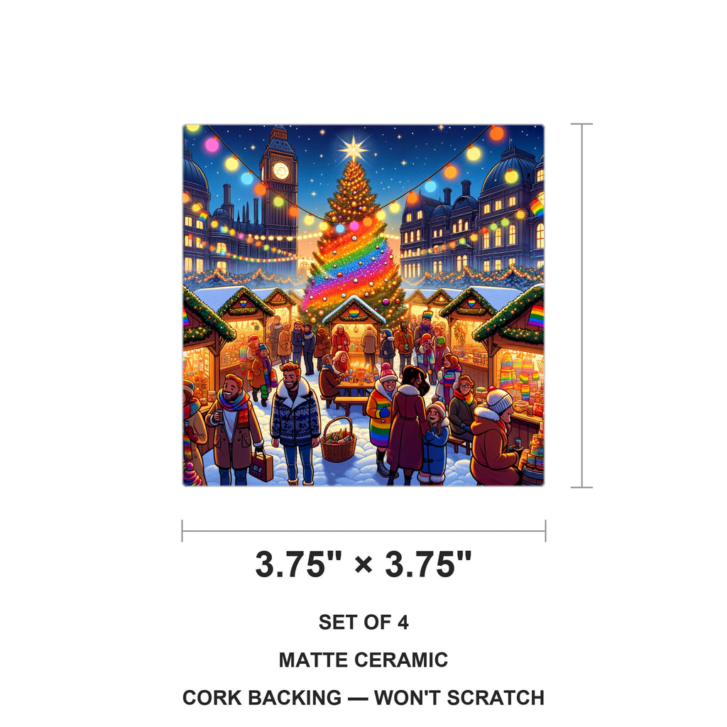 Rainbow Christmas Market ceramic coasters set of 4, size 3.75 inches
