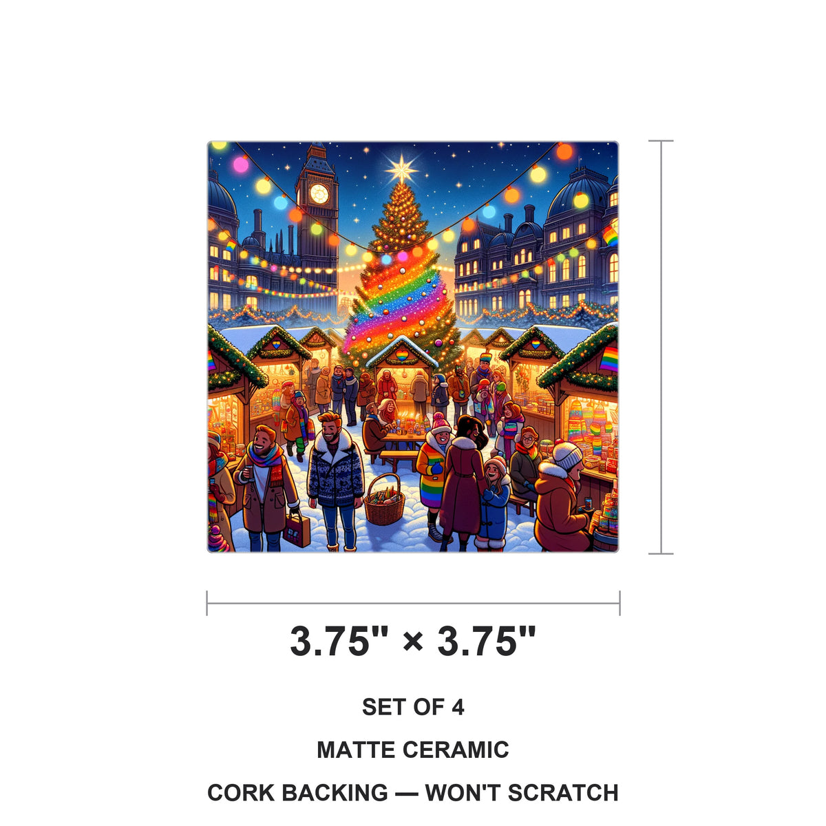 Rainbow Christmas Market ceramic coasters set of 4, size 3.75 inches