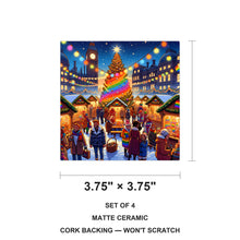 Rainbow Christmas Market ceramic coasters set of 4, size 3.75 inches