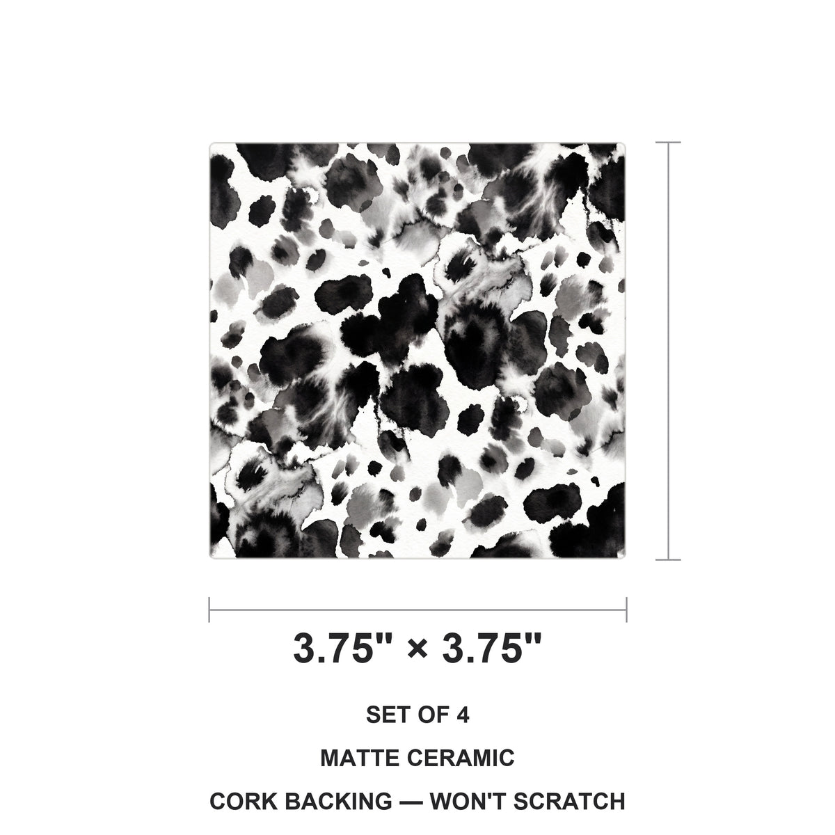 Cow Print ceramic coasters set of 4, size 3.75 inches