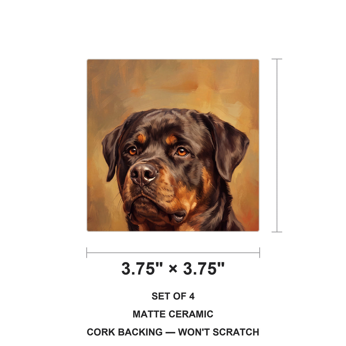 Rottweiler Portrait ceramic coasters set of 4, size 3.75 inches