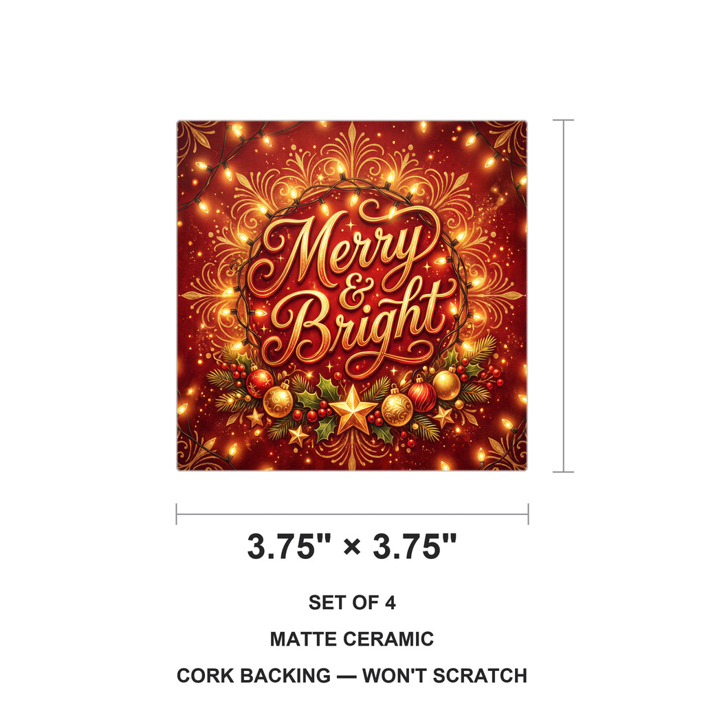 Merry & Bright ceramic coasters set of 4, size 3.75 inches