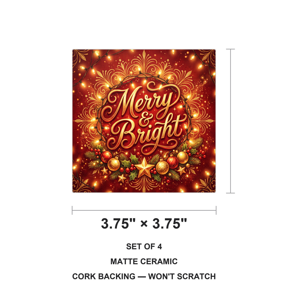 Merry & Bright ceramic coasters set of 4, size 3.75 inches