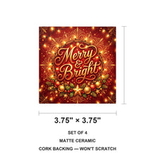 Merry & Bright ceramic coasters set of 4, size 3.75 inches